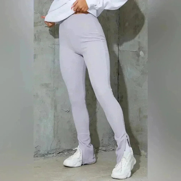 Grey Marl Textured Ribbed Split Hem Leggings - Picture 1 of 14